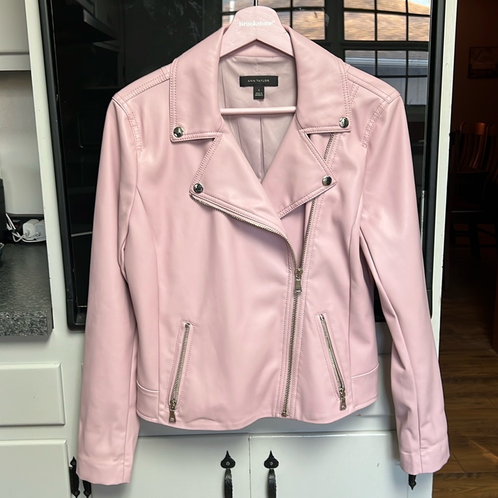 Ann Taylor Faux Leather Moto Jacket in Precious Lilac